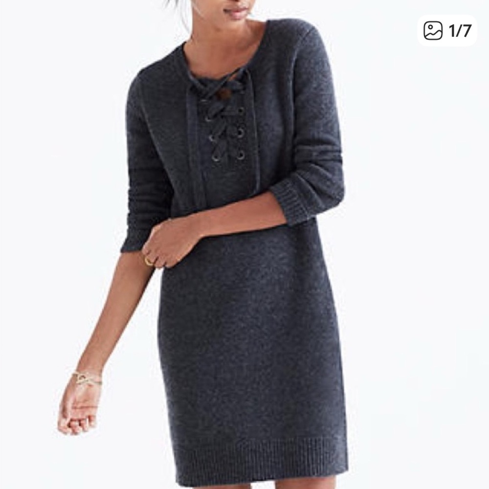 Madewell Gray Merino Wool Lace Up Sweater Dress